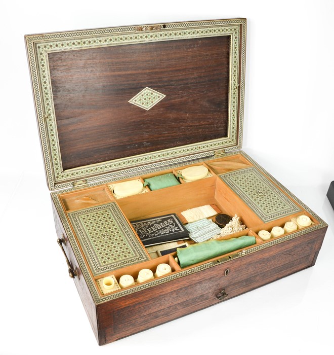 A 19th century Anglo-Indian sewing box with inlaid interior and panel boxes, and ivory inlaid