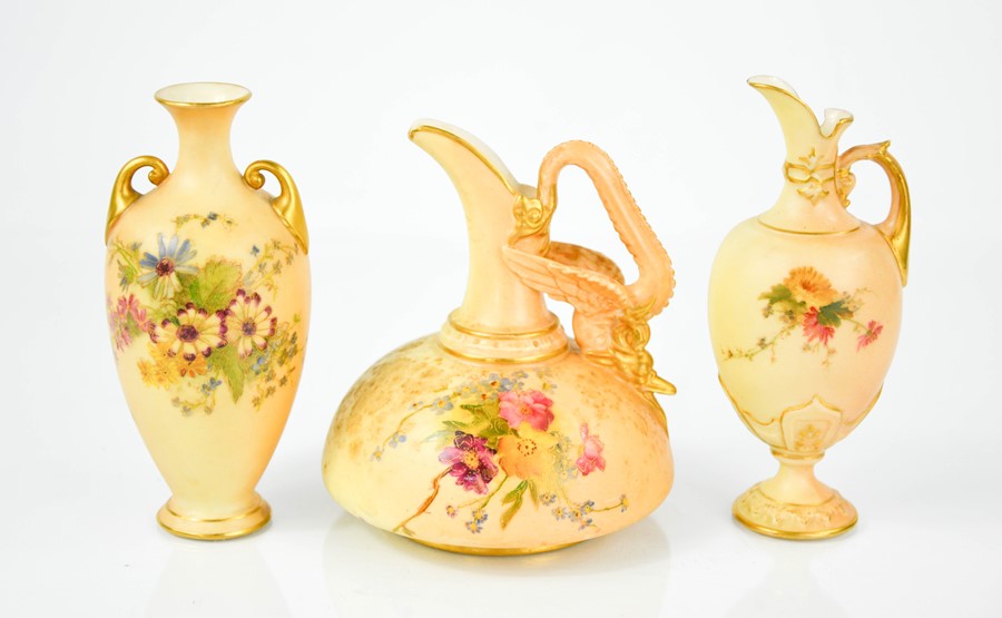 Three examples of miniature Royal Worcester; two ewers and a vase, each painted with flowers, - Image 3 of 3