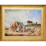 A 19th century watercolour, ploughing the fields, unsigned, 53 by 72cm.