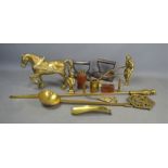 A quantity of brass-ware to include a horse and plough , trench art , powder flask and other items