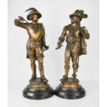 A pair of 19th century French bronzed spelter figures of cavaliers, 54cm high.