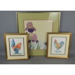 Two watercolor paintings of cockerels signed Desi together with a painting depicting a butterfly and