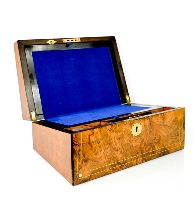 A 19th century burr walnut writing box with slope and fitted interior, key and glass inkwells, 16 by - Image 2 of 3