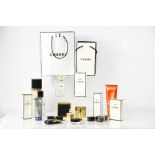 A group of Chanel No 5 boxes, bags, bottles, Elizabeth Arden eyeshadow, Yves St Laurent blusher,