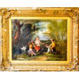 A 19th century oil on canvas, depicting children playing in woodland, indistinctly signed in red, 45