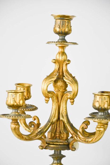 A pair of 19th century French five branch candelabras, with porcelain panels and porcelain bodies - Image 3 of 4