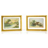 A pair of 19th century oil on porcelain panels, depicting cottages in landscape.