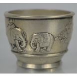 A Chinese Miao silver heavy tea-bowl, signed, embossed elephants 187g