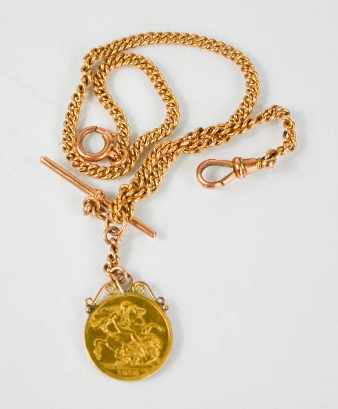 A 9ct rose gold fob and chain, with a full sovereign dated 1912, 26g.