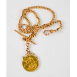 A 9ct rose gold fob and chain, with a full sovereign dated 1912, 26g.