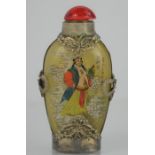 A Chinese reverse painted signed glass snuff bottle with Miao silver mounts