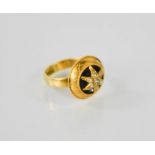 A 9ct antique yellow gold and diamond set star and enamel mourning ring, size N, 4.3g.