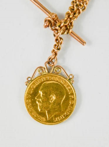 A 9ct rose gold fob and chain, with a full sovereign dated 1912, 26g. - Image 3 of 3