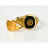 Two 9ct signet rings. One gents size T-U with agate 3.4g A/F, one child's size G 1.1g