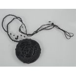 Chinese natural black jade double dragon pendant with cord and white jade beads