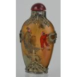Vintage reverse painted signed glass snuff bottle with Miao silver mounts