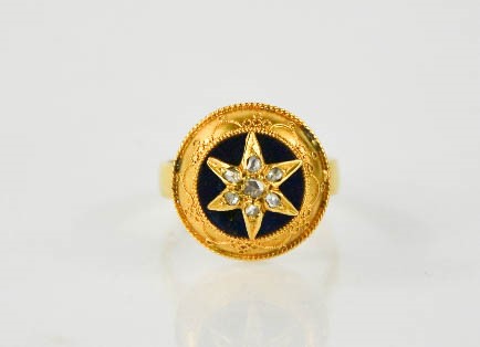 A 9ct antique yellow gold and diamond set star and enamel mourning ring, size N, 4.3g. - Image 2 of 4