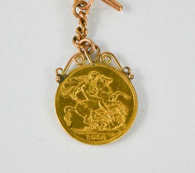 A 9ct rose gold fob and chain, with a full sovereign dated 1912, 26g. - Image 2 of 3