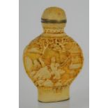 Vintage Chinese signed hand-carved stained bone snuff bottle, inset spoon