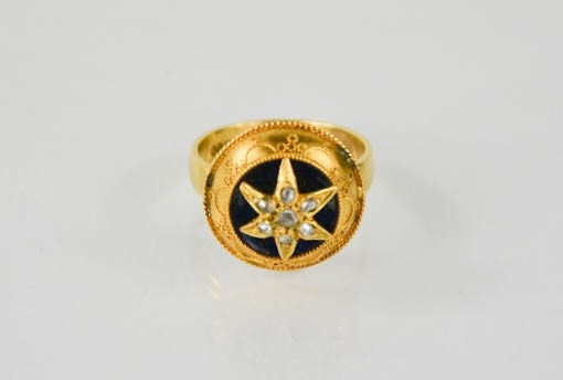 A 9ct antique yellow gold and diamond set star and enamel mourning ring, size N, 4.3g. - Image 3 of 4