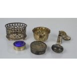 A quantity of sterling silver to include a Silver and enamel pill box, silver shoe , silver dish and