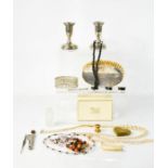 A silver Victorian clothes brush, pair of silver plated candlesticks, a group of jewellery and a
