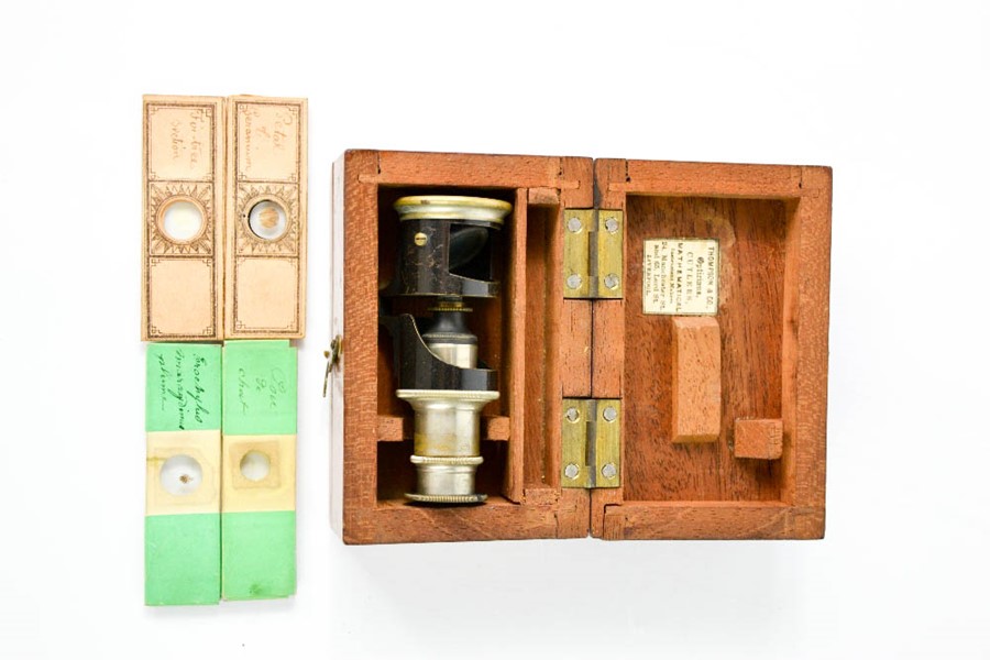 A pocket microscope by Thompson & Co Mathematical Instrument Makers of Liverpool, with four slides - Image 2 of 3