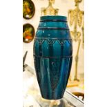 A large late 19th century antique Chinese turquoise glazed pottery vase, with Archaic decoration