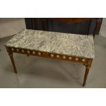 Italian table with metal mounts and 32 Limoges style panels of courting couples and a solid marble