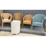 A group of four wicker chairs, two Lloyd loom examples, together with linen basket.