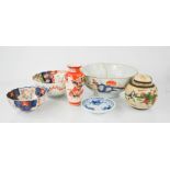A Chinese ginger jar, Imari bowl, Chinese bowl A/F, blue and white dish, and Japanese vase.