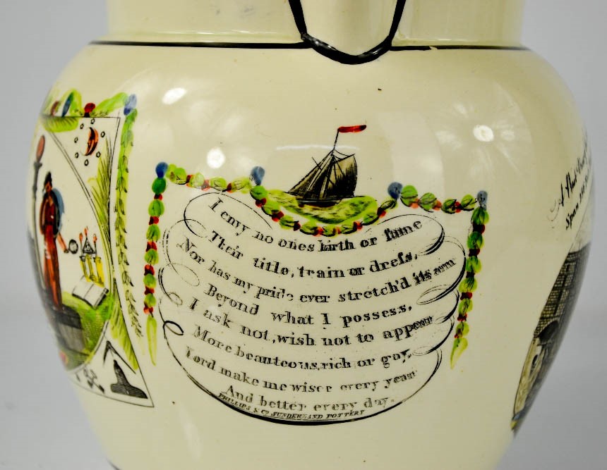 A Victorian Creamware Sunderland jug; depicting the West View of the Cast Iron Bridge over the River - Image 3 of 3