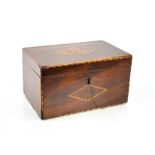 A 19th century mahogany marquetry tea caddy, 10 by 18 by 11cm.