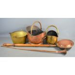 A quantity of brass and copper ware to include - copper coal bucket, brass jam pan etc