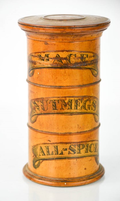 A 19th century satinwood spice box, composed of three compartments labelled Mace, Nutmegs and All