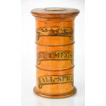 A 19th century satinwood spice box, composed of three compartments labelled Mace, Nutmegs and All
