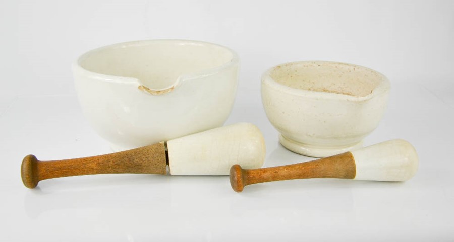 Two vintage ceramic pestle and mortars, the pestles having wooden handles, the largest measures 13 - Image 2 of 2