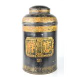 A 19th century Chinese black lacquered tea canister, numbered 21, 44cm high.
