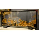 Large chinese carved cork art 3D diorama in a glass and wood display case depicting, trees, birds,