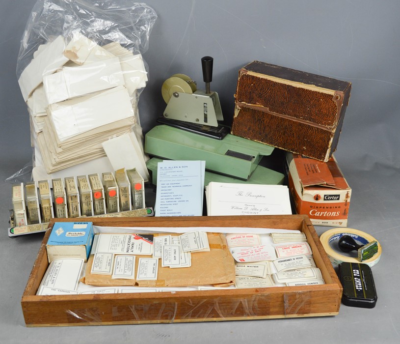 A group of vintage prescription bags, chemists labels and printed ephemera relating to William Allen