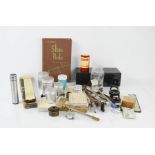 A group of chemists collectables to include eye glasses, magnifying glasses, boxed slide rule.