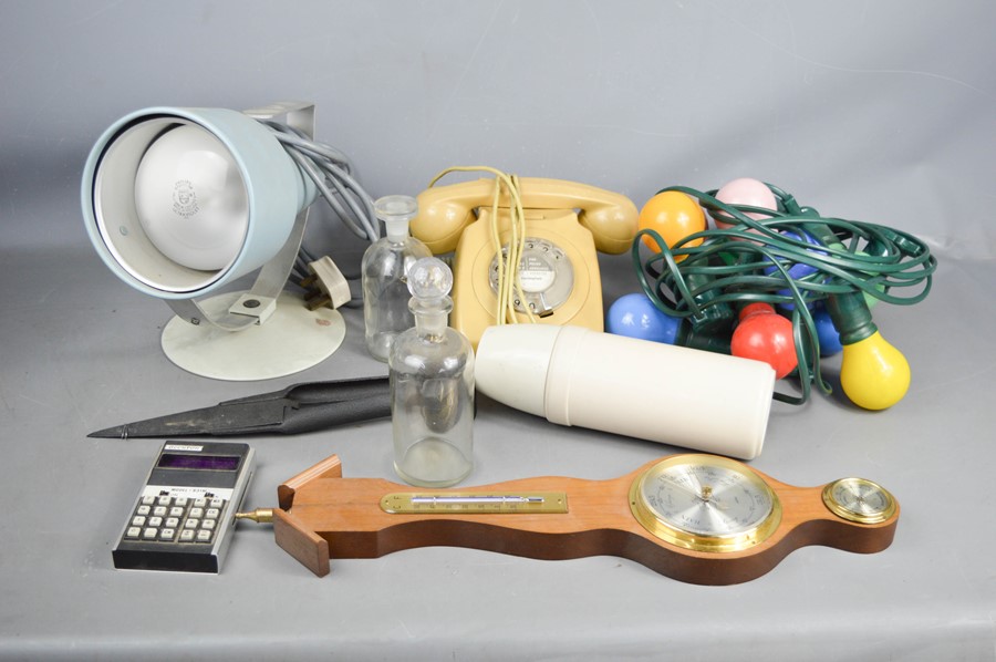 A group of vintage chemists collectables to include telephone, heat lamp, flask, lights and other