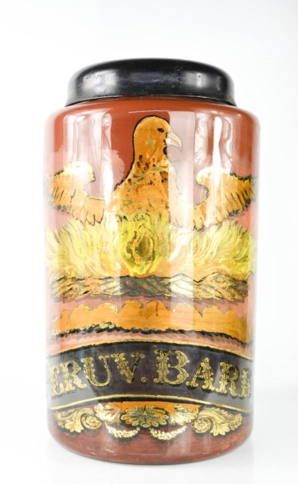 A large glass specimen jar and cover, painted with a bird and labelled Peruv. Bark, 51cm high.