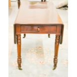 A Victorian mahogany drop leaf table, with single drawer, raised on turned legs with castors, 71cm