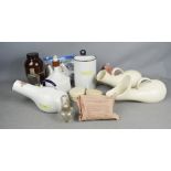 A group of chemists collectables to include enamel urinal, douche can and pipe, ceramic urinals