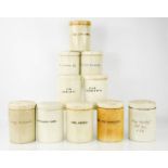 A group of ten vintage ceramic apothecary jars, each with latin labels, 13½cm high.