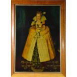 A reverse painting on glass depicting Princess Elizabeth period attire, holding a bird, 66 by 44cm.
