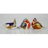 Three Royal Crown Derby porcelain birds, two marked to base; LIV, LII, tallest 6½cm high.