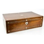 A 19th century rosewood and mother of pearl inlaid writing box, with interior slope and