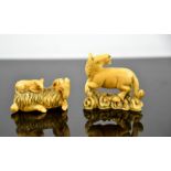 Two Chinese carved ivory netsuke, in the form of a horse and a ram with mouse on its back, circa